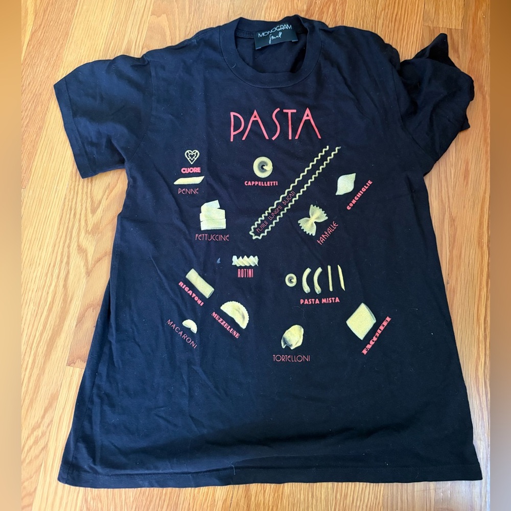 Black Graphic T-Shirt with Pasta Design